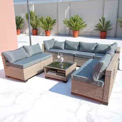 9-Piece Outdoor Patio Furniture Set, Modular Wicker Sectional Sofa with Cushions and Coffee Table, Rattan Conversation Set