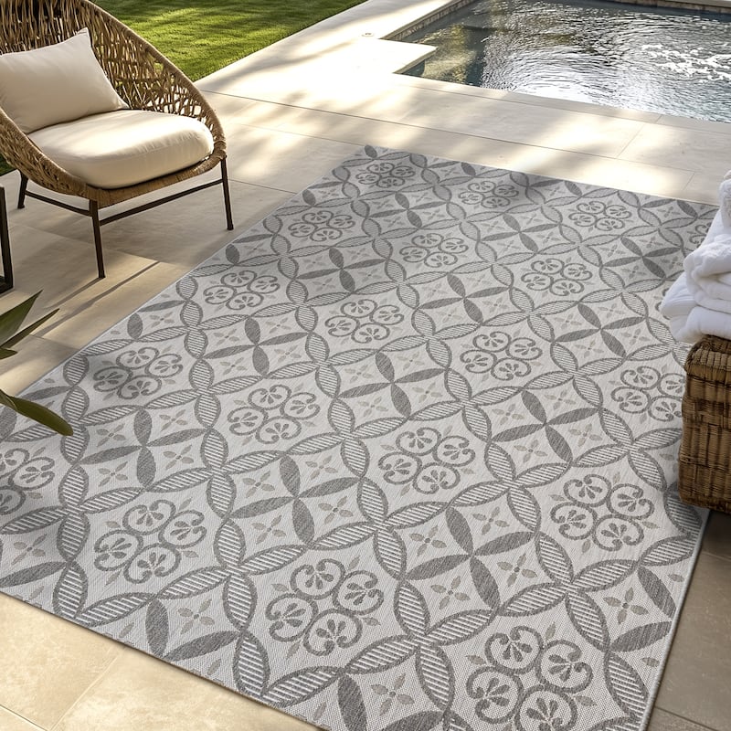 Gertmenian Solterra Bohemian Moroccan Global Weather Resistant Polypropylene Flatweave Indoor/ Outdoor Area Rug Collection - 6'6"x9'6" - Zilah Grey