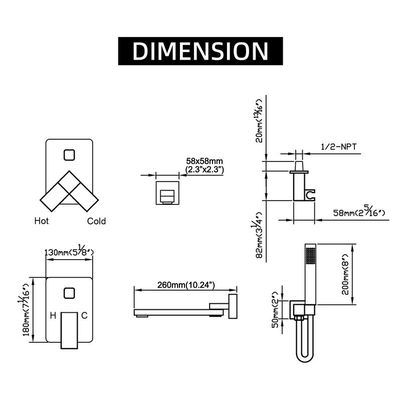 Modland Wall-Mounted Bathtub Filler Set with Hand Shower, 1.8 GPM Solid Brass Faucet, 59" Hose, CEC Certified