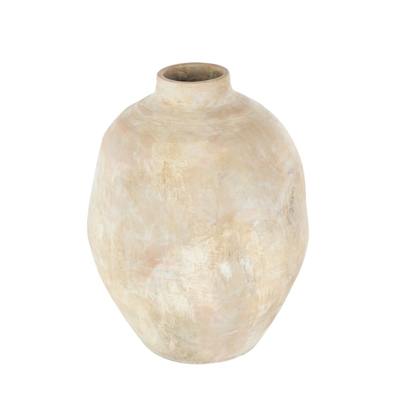 Beige Ceramic Antique Wide Decorative Vase with Shades of Pink