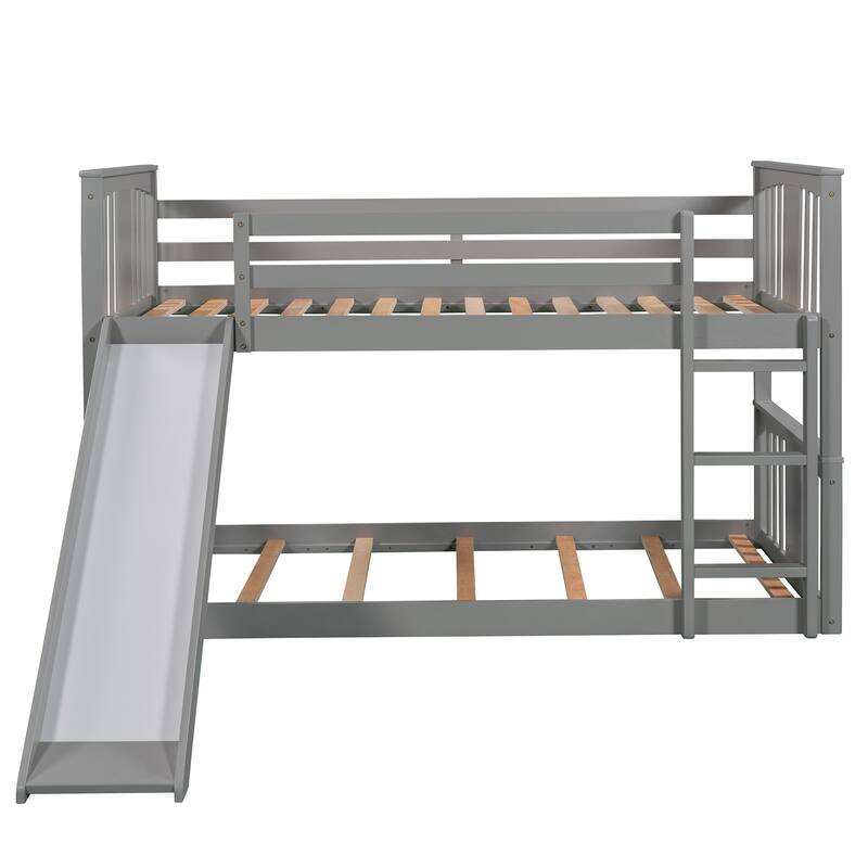 Twin over Twin Size Solid Wood Bunk Bed with Ladder, Slide and Fence for Kids, Bedroom