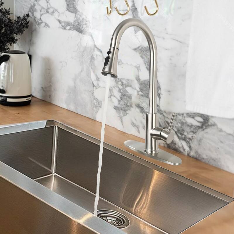 Single Handle Control Pull-Down Kitchen Faucet - Single Hole Deck Mount with Stainless Steel Sprayer