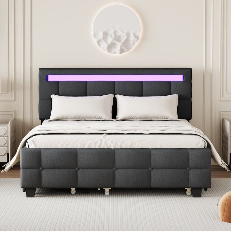Queen Size Linen Fabric Upholstered Platform Bed with LED Frame, with Twin XL Size Trundle and 2 drawers