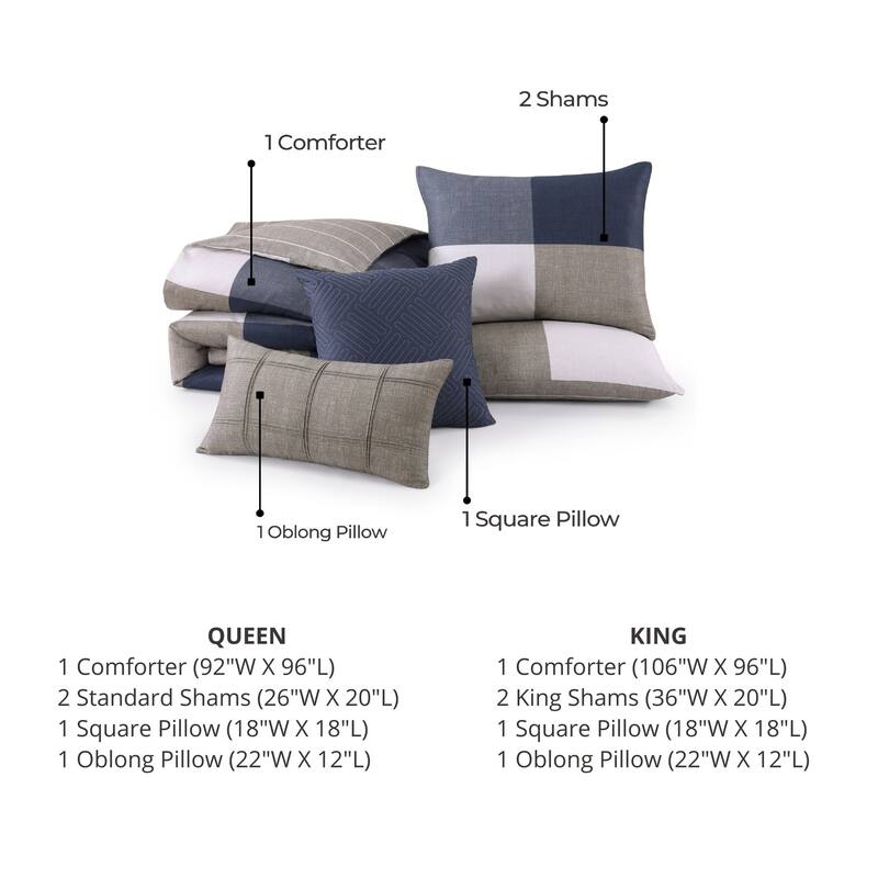 Bebejan Checkered Navy Tan 100% Cotton Sateen 5 Piece Reversible Comforter Set