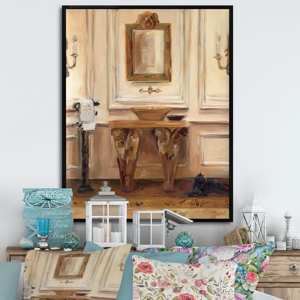 slide 2 of 6, Designart 'Vintage Paris Bathroom ' Traditional Bathroom Framed Canvas - Brown