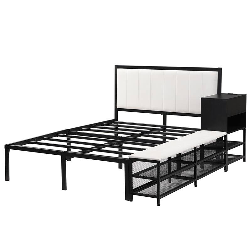 Modern Twin/Full Metal Bed Frame with Upholstered Top, Storage Shelves, and Wooden Cabinet
