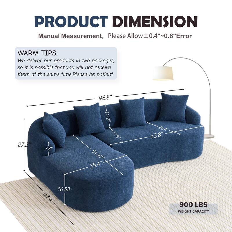 Wood Grain Chenille L-shaped Sectional Sofa with Curved Chaise Lounge, Full Compression Floor Modular Couch with Pillows
