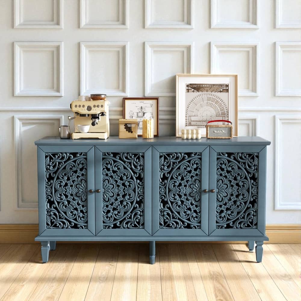 60" Antique Buffet Sideboard with Floral Carvings, Solid Wood Legs, Brass Handles & Adjustable Shelves, TV Stand up to 65"