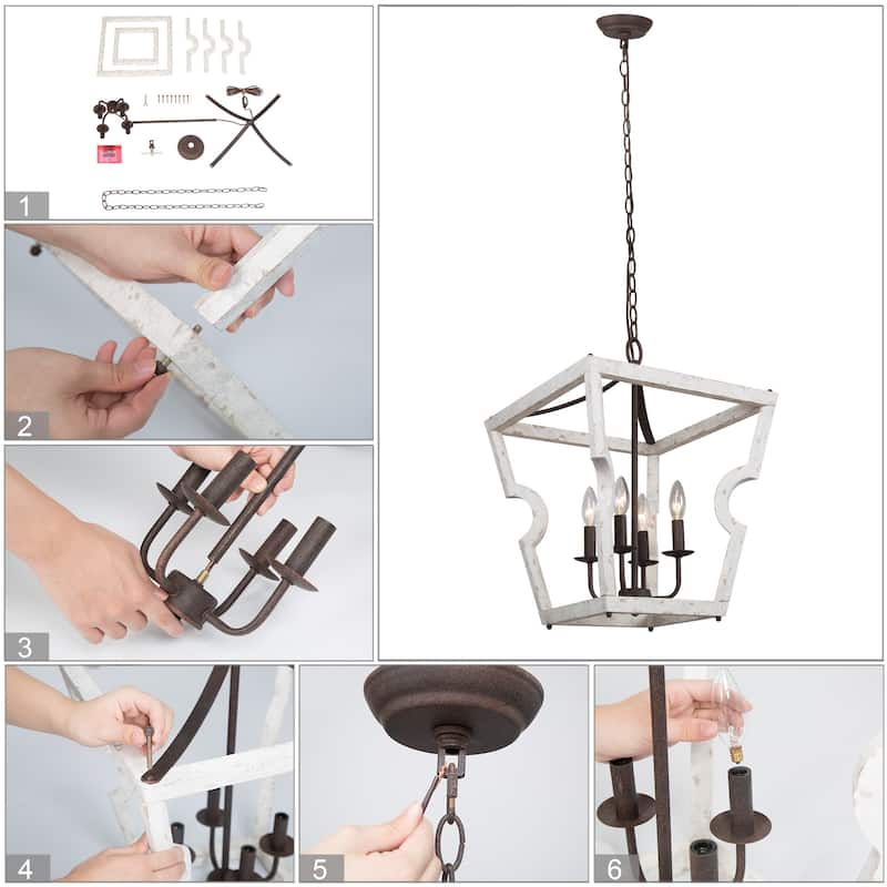 Farmhouse 4-light Wood Drum Chandelier Geometric Cage Hanging Pendant Lights Entryway - D 16'' x H 82''