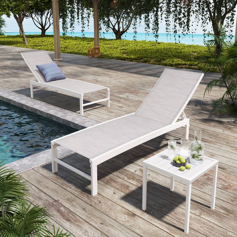 Pellebant Outdoor 3-piece Aluminum Adjustable Back Chaise Lounge with Side Table Set - White&Gray&Blue