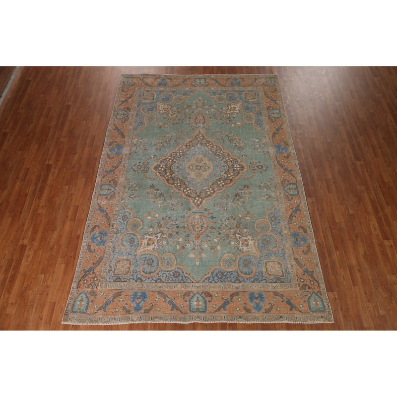 Turquoise Green Tabriz Persian Vintage Area Rug Handmade Wool Carpet - 7'6" x 10'10"