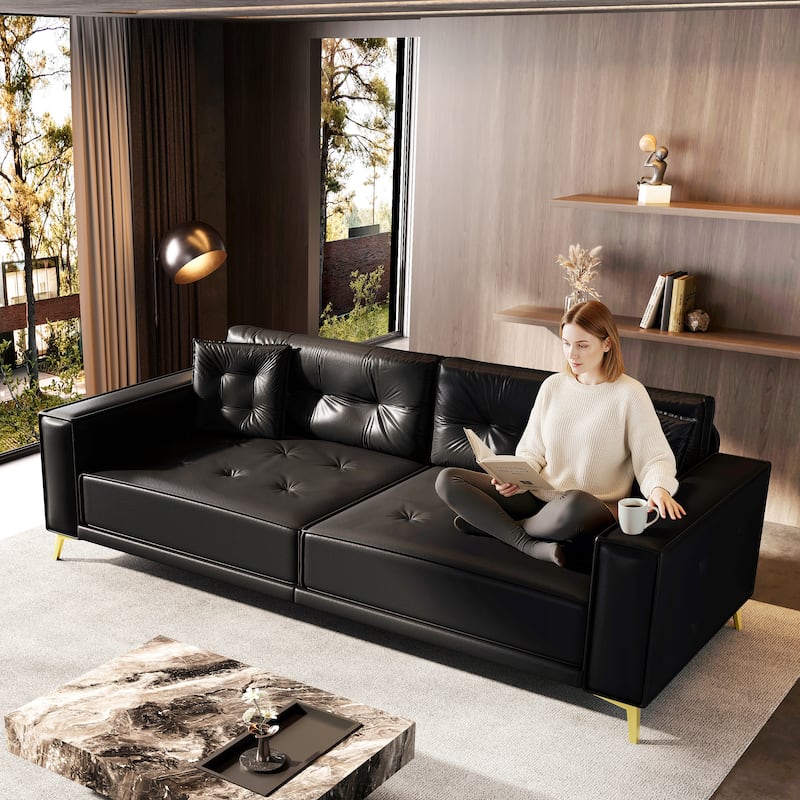 Oversized 3-in-1 Convertible Sofa Bed, 92.1" Faux Leather Square Arms Loveseat, Modern Pull-Out Sleeper Couch with Pillows