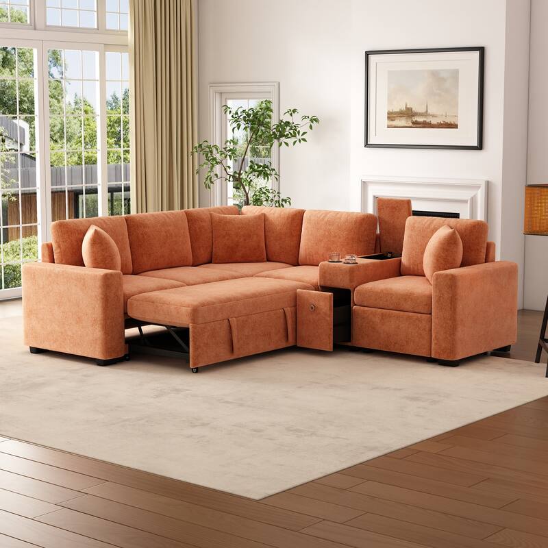 120.5" L-shaped Convertible Sofa Bed, Orange Chenille