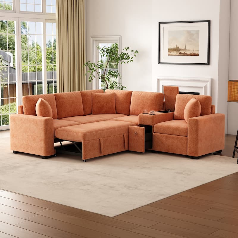 L-Shaped Modular Sectional Sofa with Pull-Out Bed, Chenille Convertible Sleeper Sofa Bed with Cup Holders & Multiple Storage