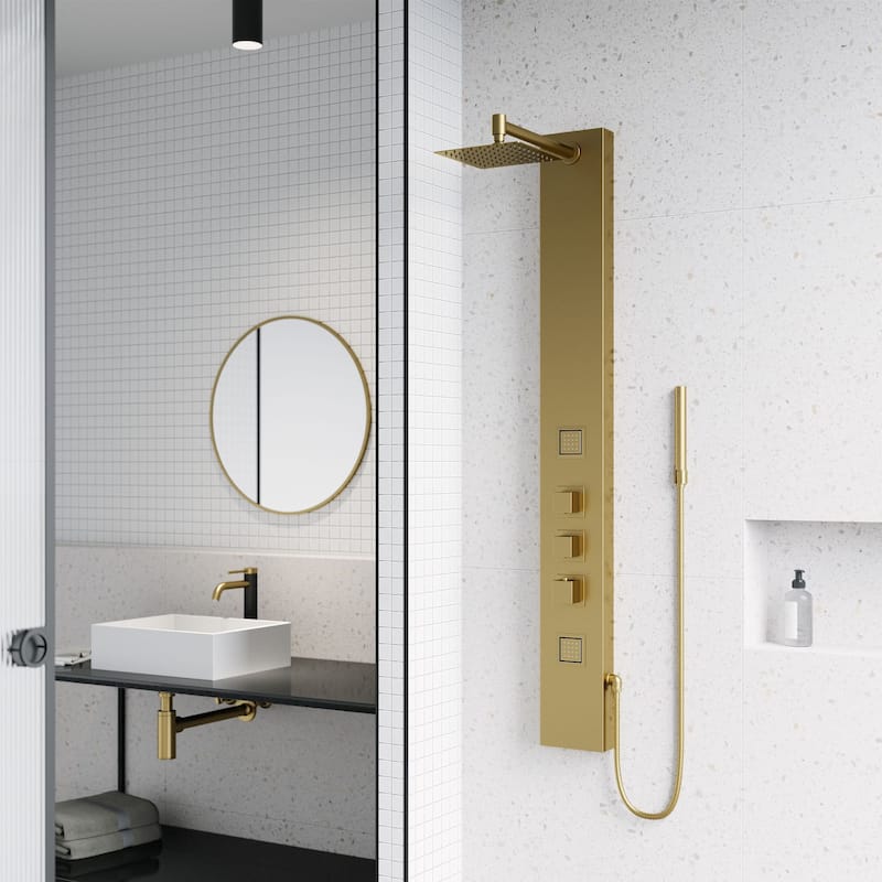 Vigo Kingsley Thermostatic Shower Panel with Shower Head, Hand Shower, - Matte Brushed Gold