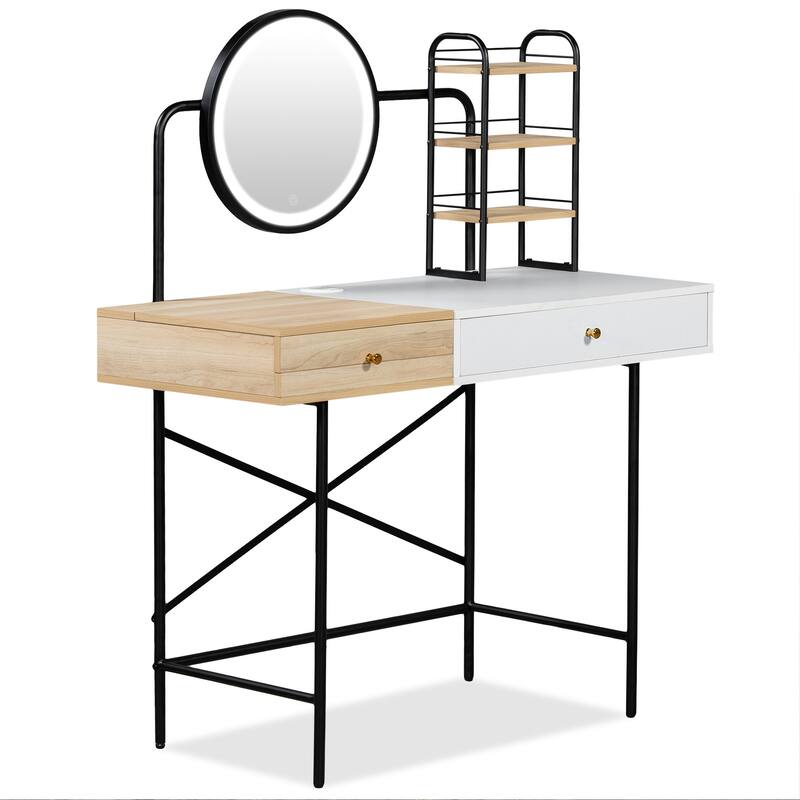 HomeRoots 41" Black Natural And White Wood and Iron Vanity Table With Mirror And Lights