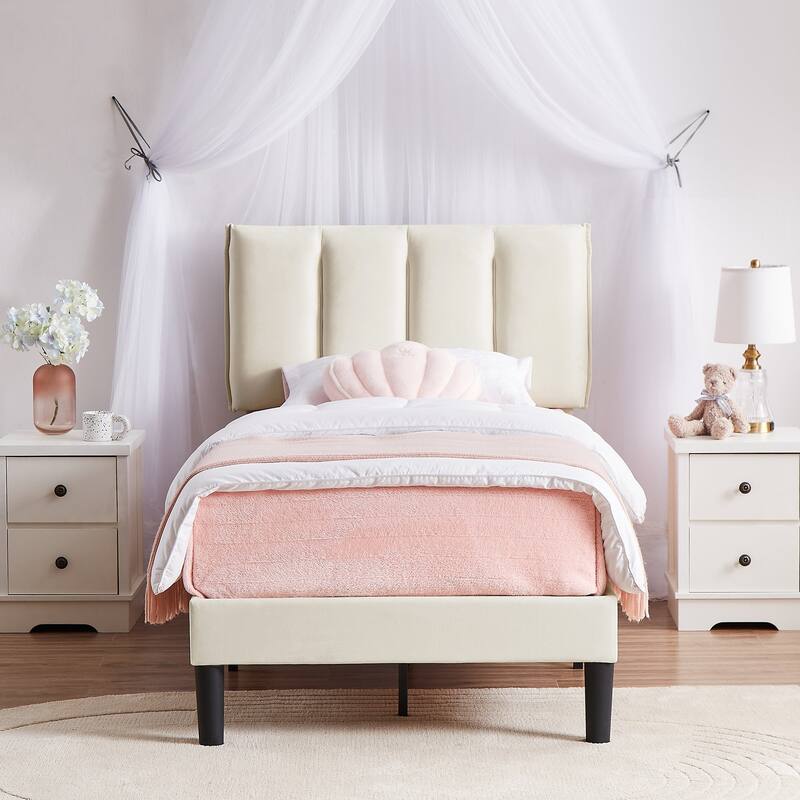 VECELO Beige Tufted Upholstered Platform Bed Frame with Adjustable Height Headboard-Twin/Full/Queen Size Beds - Beige - Twin