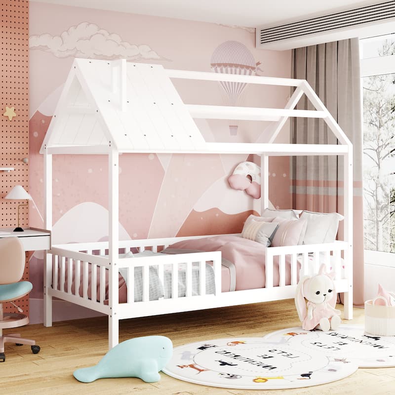 Montessori Full/Twin Size House Bed with Roof, Kids Playhouse Bed with Fence, Wood Platform Bed, No Box Spring Required - White - Twin