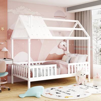 Twin Pine House Bed with Fence & Chimney Roof