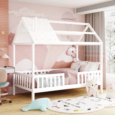 White Pine Wood House Platform Bed with Roof and Fence