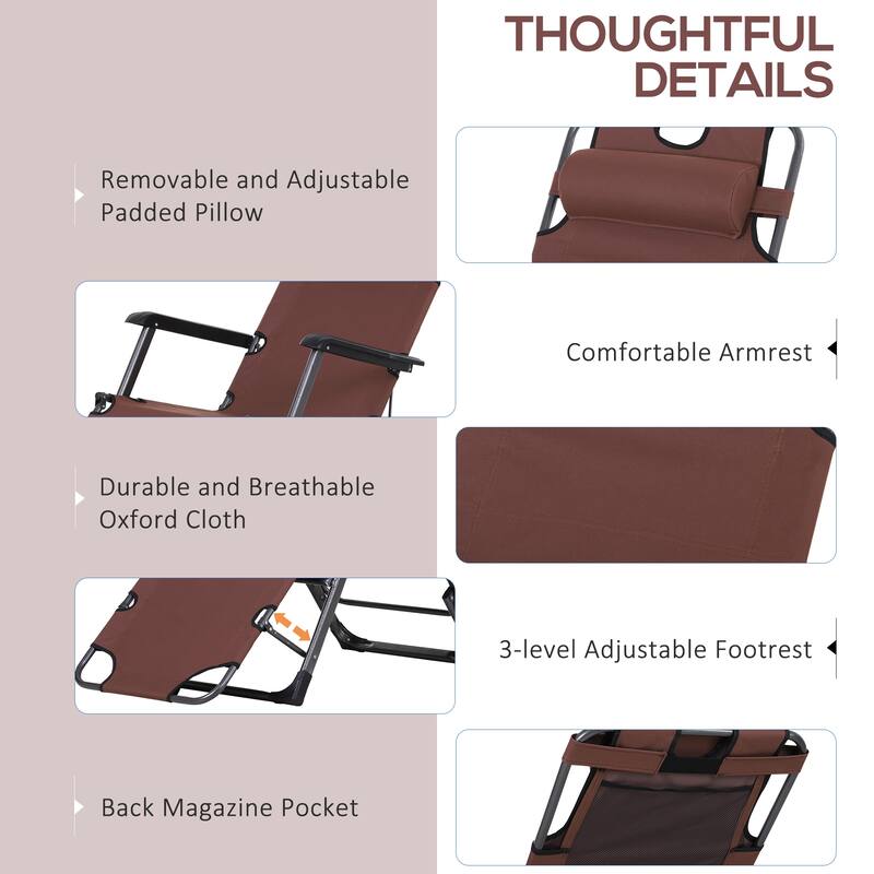 Folding Outdoor Chaise Lounger with Adjustable Backrest, Headrest and Pocket for Patio Beach or Lawn