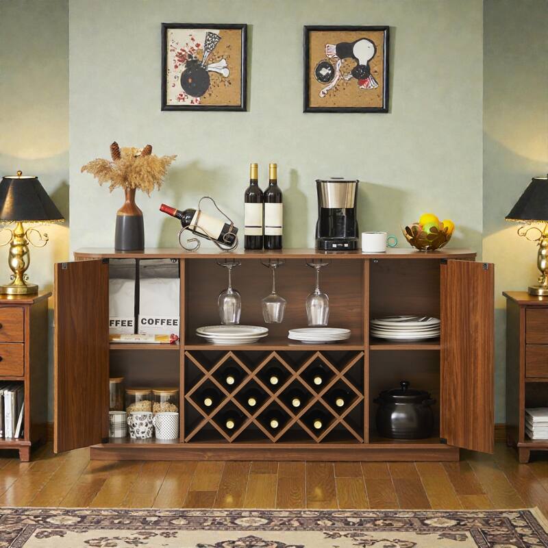 58 in Modern Wavy Curve Sideboard with Wine Rack, Glassware Holder and Adjustable Shelves, Buffet Cabinet for Kitchen