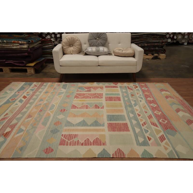 Hand Woven Oriental 100% Wool Carpet Southwestern Tribal Multi-Colored Kilim Area Rug - 9' 7'' X 6' 7''