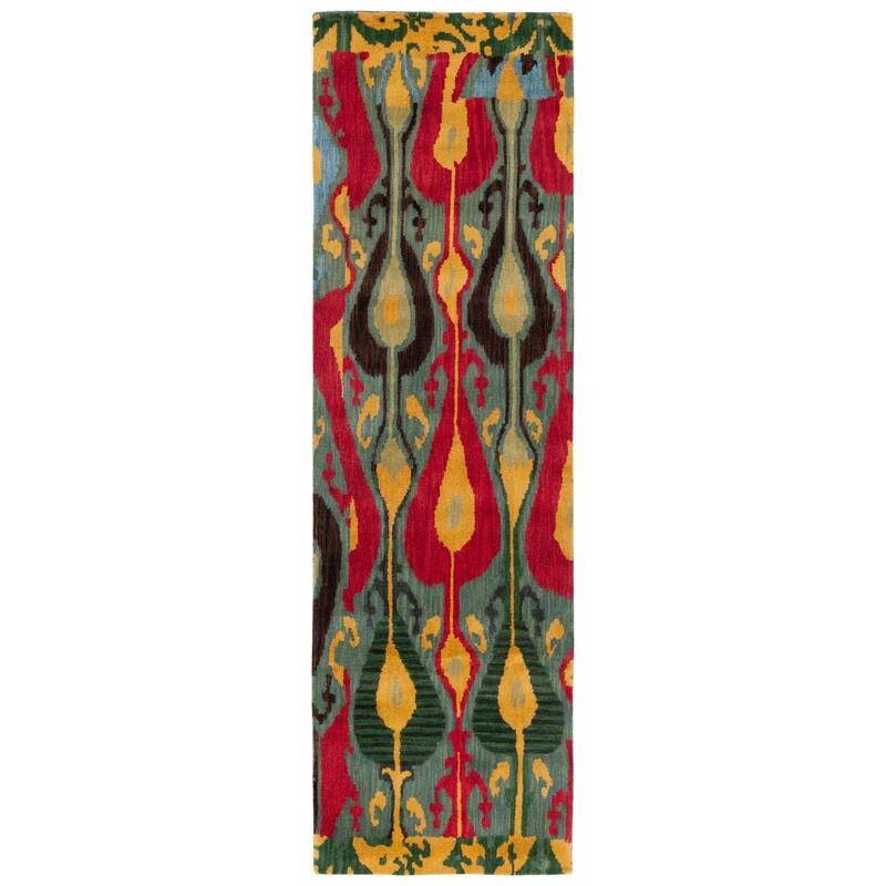 SAFAVIEH Handmade Ikat Meliha Modern Wool Rug - 2'3" x 8' Runner - Blue/Green