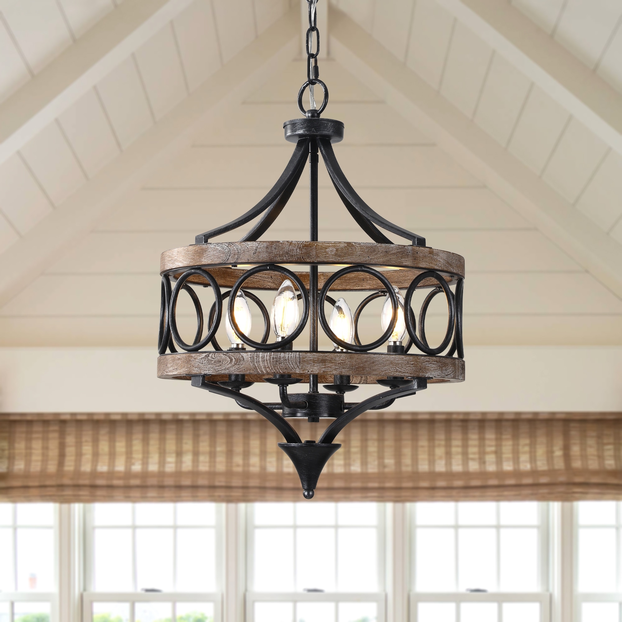 Cusp Barn 4-Light Farmhouse Drum Wood Chandelier, 16'' Rustic Pendant Light, Round Metal Hanging Light Fixture for Dining Room