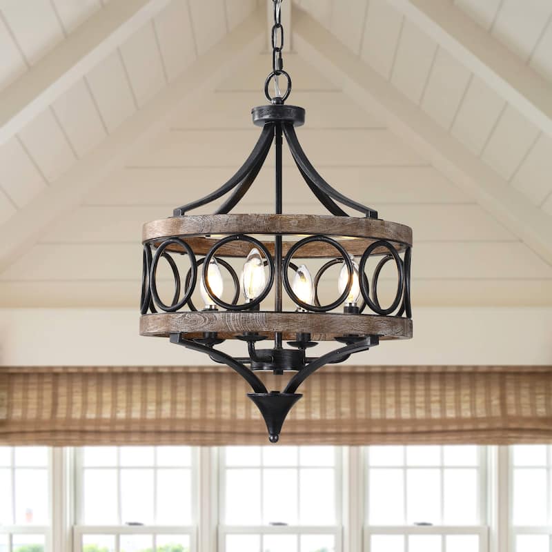 Cusp Barn 4-Light Farmhouse Drum Wood Chandelier, 16'' Rustic Pendant Light, Round Metal Hanging Light Fixture for Dining Room - Weathered Wood