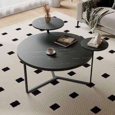 Modern Round Coffee Table with Display Shelves, Cocktail Center Table with Faux Marble Surface and Tripod-Inspired Base