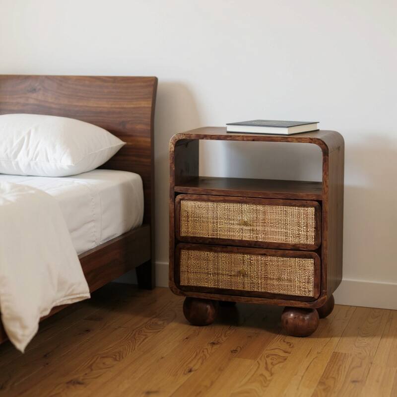 HomeRoots 22" Chestnut And Natural Solid Wood Cane Rattan Two Drawer Nightstand - Chestnut - 2-drawer