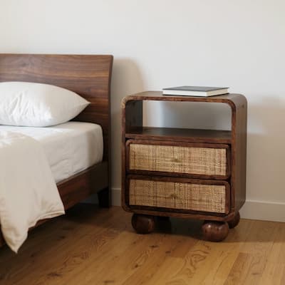 HomeRoots 22" Chestnut And Natural Solid Wood Cane Rattan Two Drawer Nightstand
