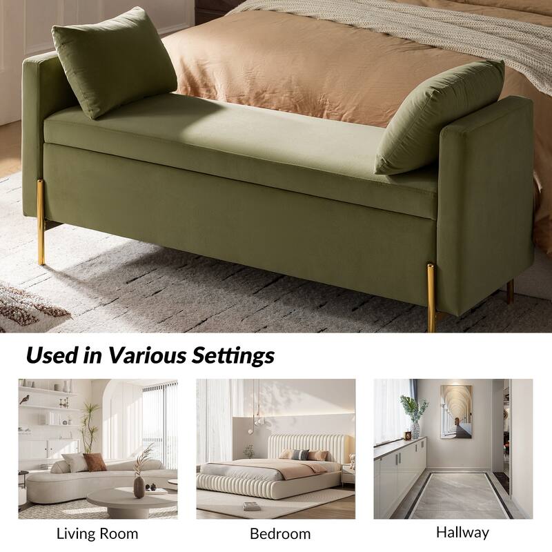 Angelus Modern 56''W Upholstered Flip Top Storage Bench withTwo Pillows and Arms by HULALA HOME