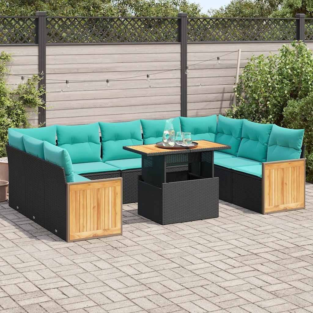 vidaXL 10 Piece Patio Sofa Set with Cushions Black/Gray Poly Rattan Acacia - 21.7 x 24.4 x 27.2