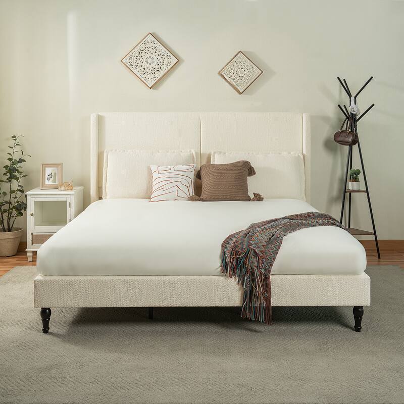 Queen Size Bed Frame with 55.5"High Back Upholstered Boucle Fabric Headboard