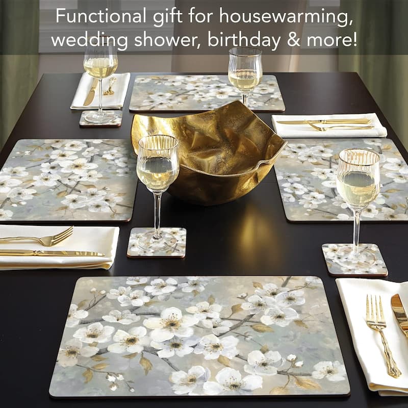 Blossoms Decorative Hardboard Cork Back Tabletop Placemats 4 Pack Manufactured in The USA Heat Tolerant and Easily Wipes Clean