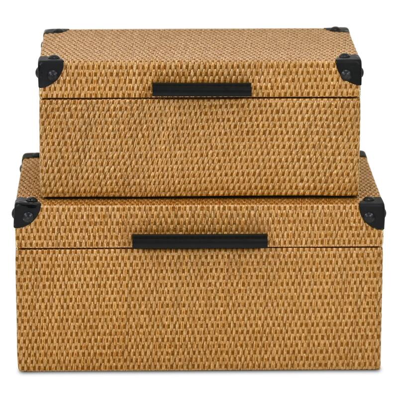 Iseult Set of 2 Rectangular Decorative Storage Boxes - Dark Brown Wicker Rattan Pattern