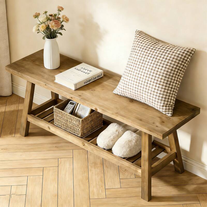 43" Farmhouse Wood Bench with 2-Tier Storage for Entryway & Living Room