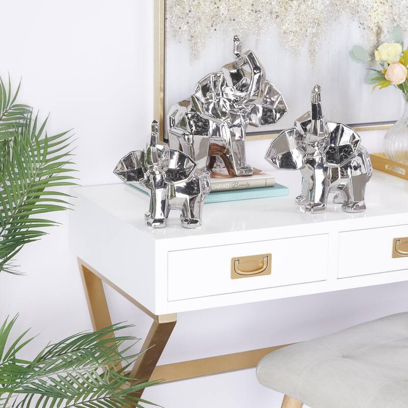 Gold or Silver Porcelain Ceramic Cubist Elephant Decorative Sculpture (Set of 3)