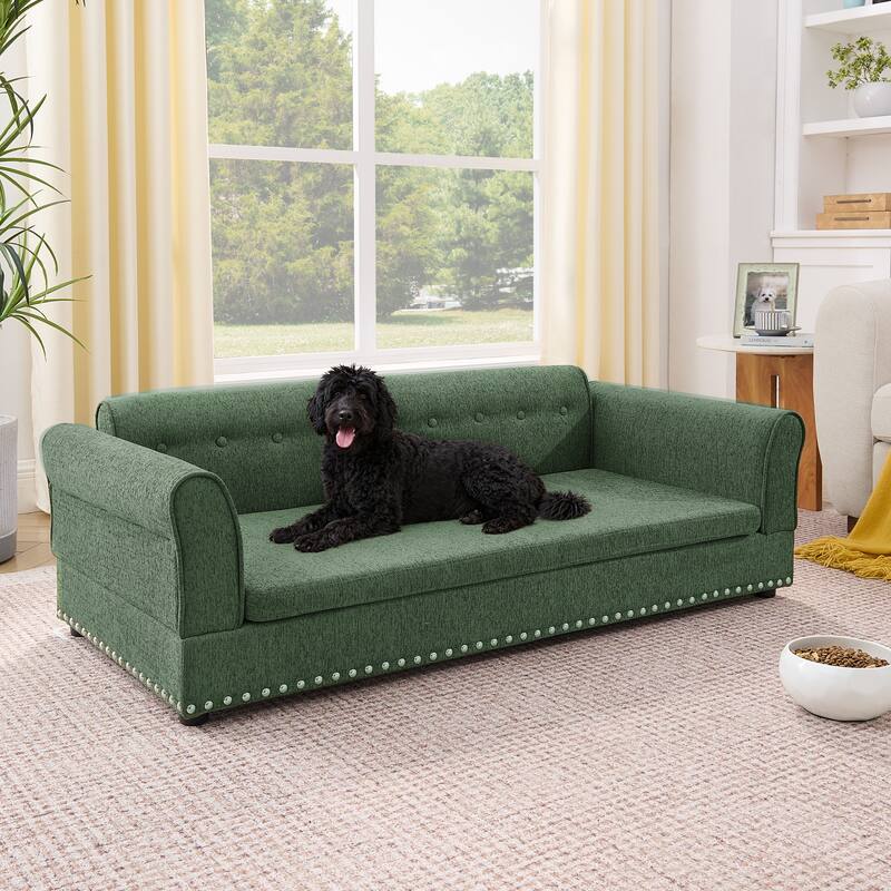 Oversized Pet Sofa, Elegant Modern Linen Fabric Elevated Dog Sofa Bed, Oversized Rectangular Pet Bed with Backrest & Armrest