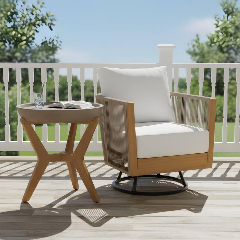 Outdoor Acacia Wood Rope Swivel Lounge Chair with Cushion and Concrete-Acacia Side Table