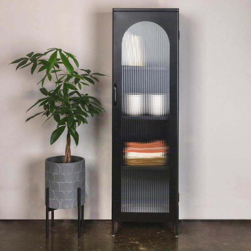Solstice Metal Cabinet with 3 Adjustable Storage Shelves and Arched Glass Door