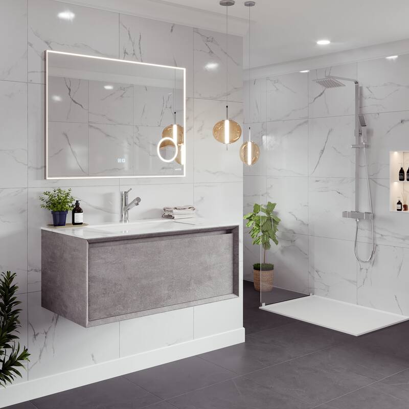 Eviva Aurora 36" Concrete Gray Wall Mount Bath Vanity with Carrara Quartz Top