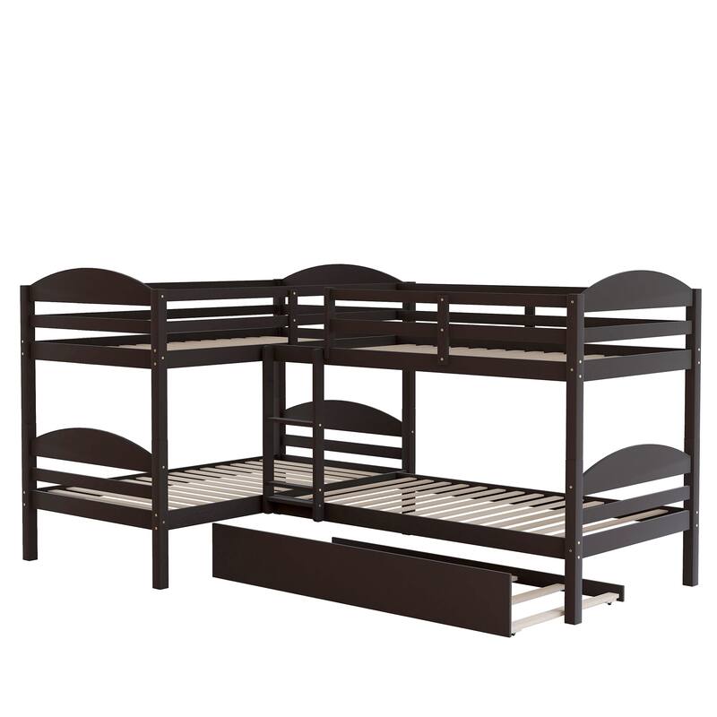 Twin L-Shaped Bunk Bed with Trundle Solid Pine Wood Convertible Beds