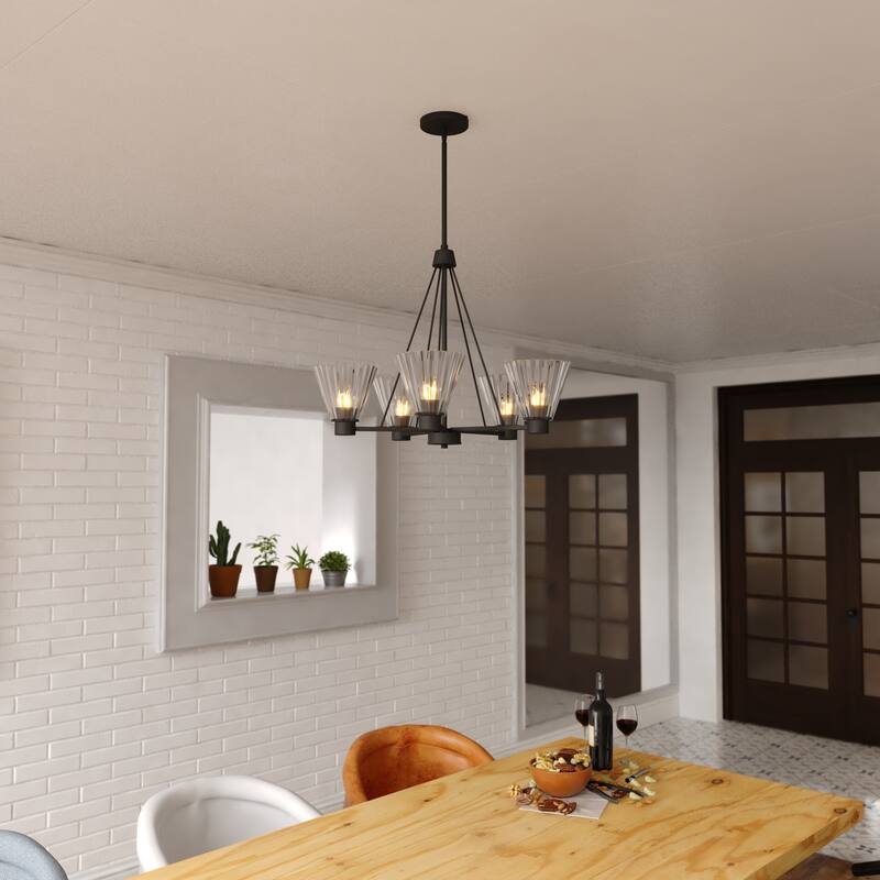 Dalton 5-Light Black Round Chandelier, Clear Glass Shade, Pendant Fixture r Dining Table Kitchen Entryway Bedroom Island