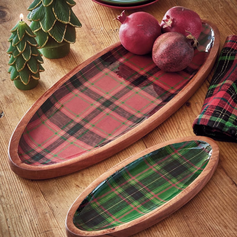 Holiday Plaid Wood & Enamel Pltr Lg