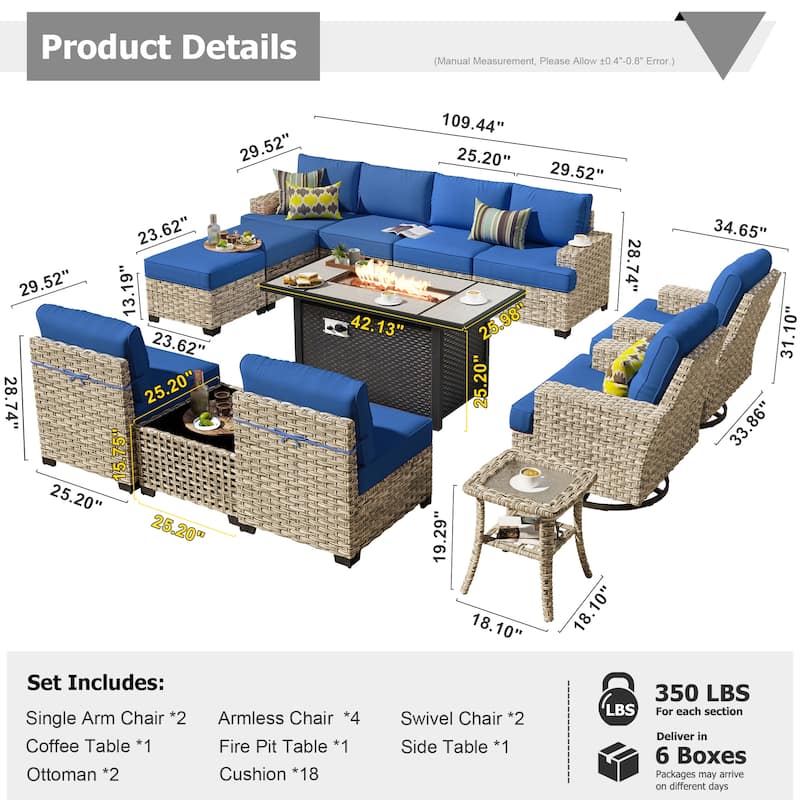 HOOOWOOO 13-piece Outdoor Sofa Patio Wicker Swivel Chair Set with 42" Fire Pit