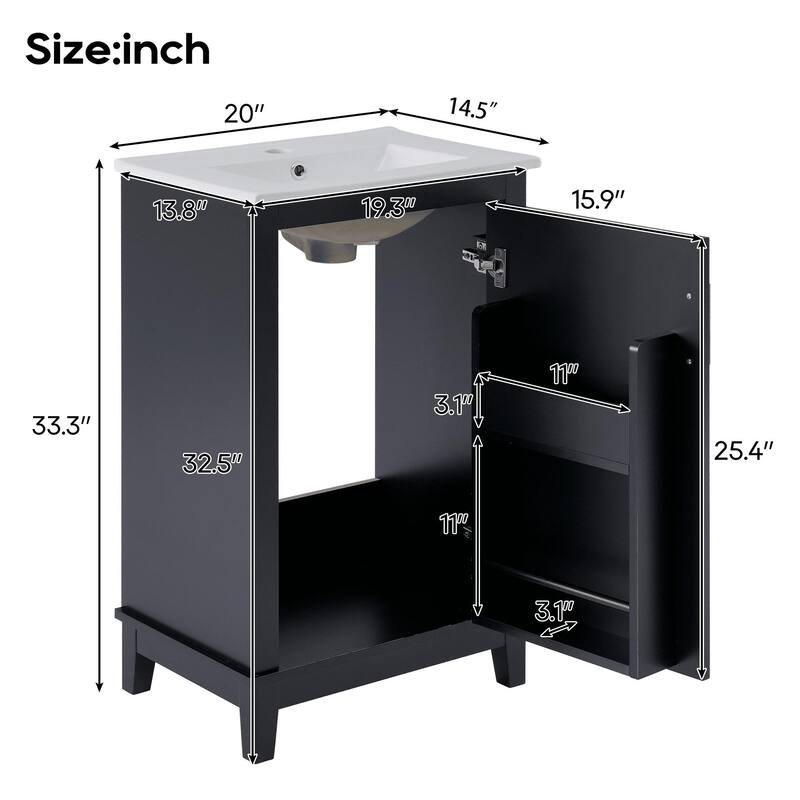 Modern 20" Bathroom Vanity with Freestanding Cabinet, Integrated Ceramic Basin & Storage
