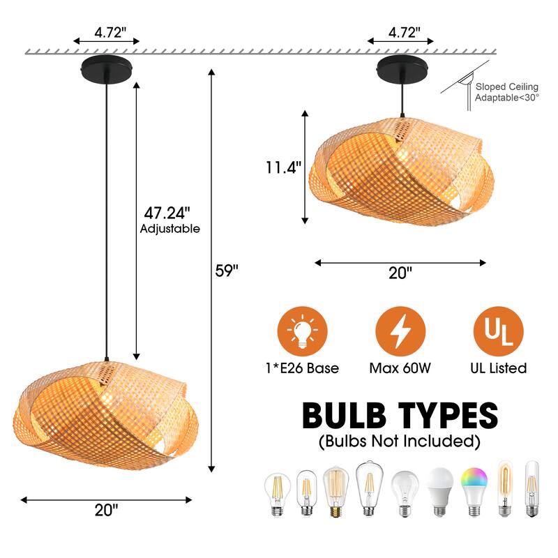 1-Light Personalized Design Rustic Bamboo Hand-Woven Pendant Lamp - 20" W x 59" H